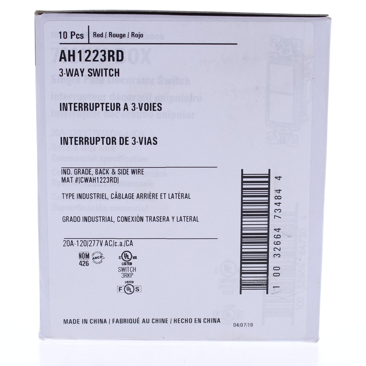 Eaton AH1223RD Red Industrial Grade 3-Way Toggle Light Switch 20A 120/277V 10pcs