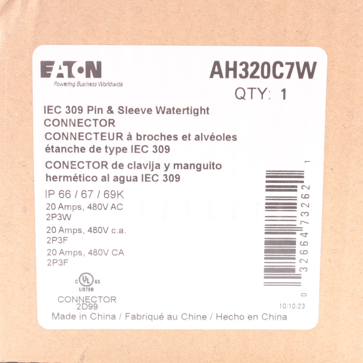 Eaton AH320C7W Pin & Sleeve Watertight Connector IEC 309 20A 480V Arrow Hart