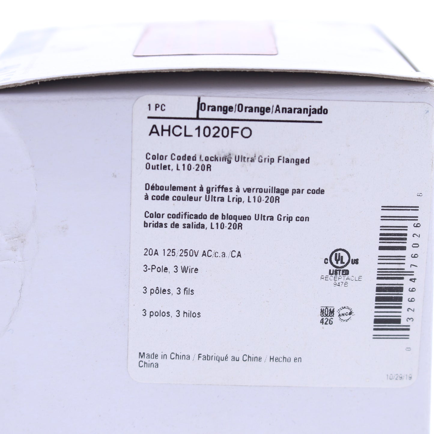 Eaton Orange Twist Turn Locking Flanged Outlet L10-20R 20A 125/250V AHCL1020FO