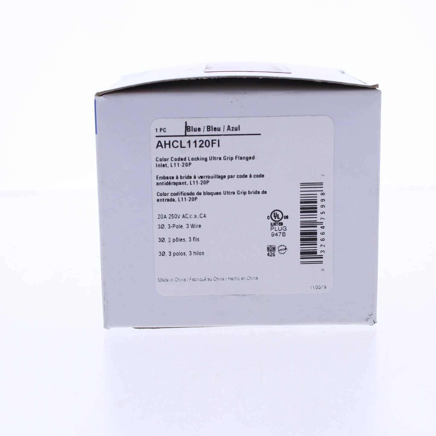 Eaton Blue Twist Turn Locking Flanged Inlet Plug L11-20P 20A 250V AHCL1120FI