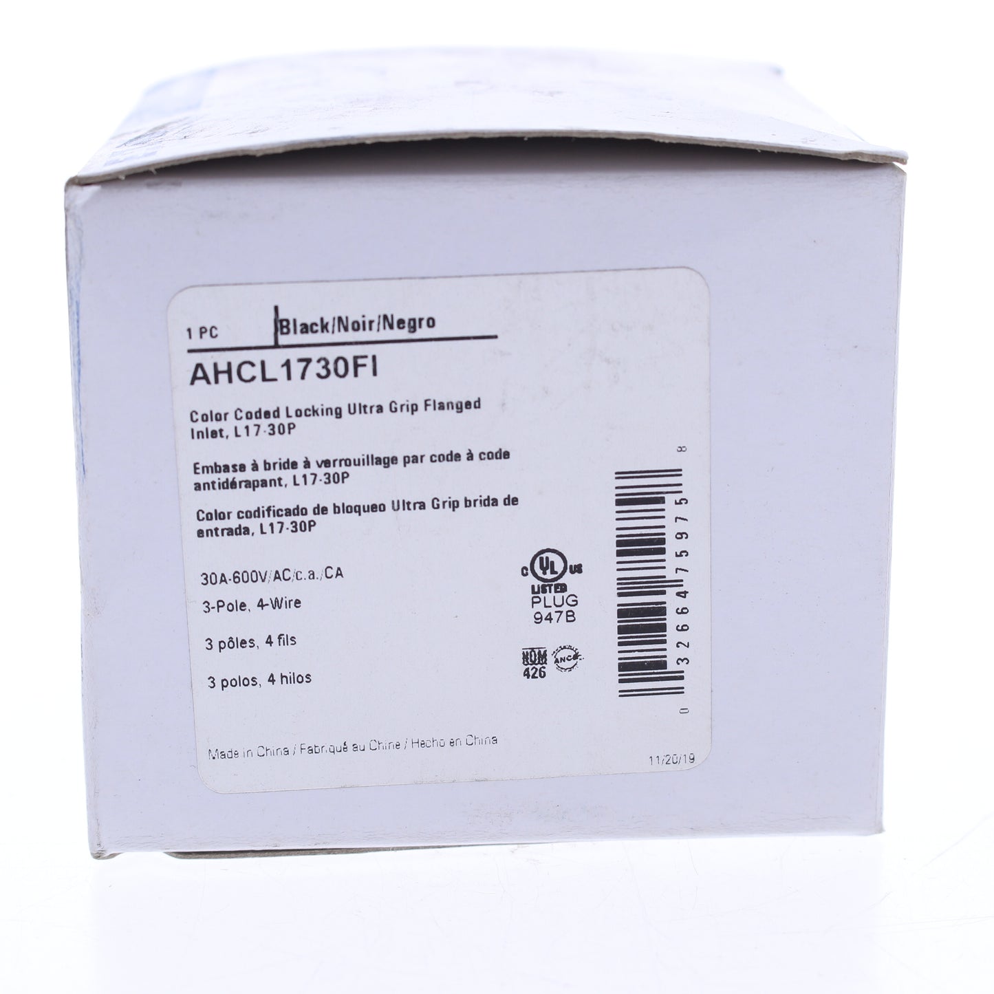 Eaton AHCL1730FI Black Twist Turn Locking Flanged Inlet NEMA L17-30P 30A 600V 3�