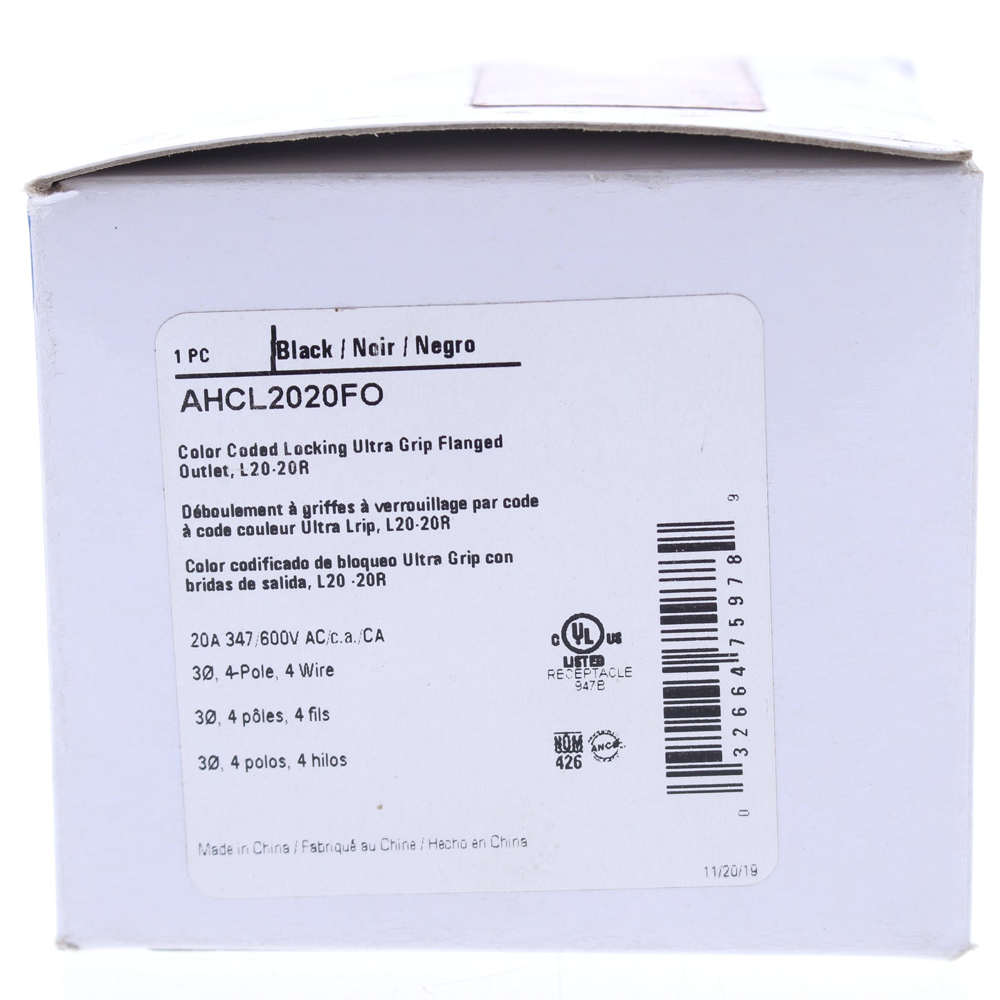 Eaton Black Turn Locking Flanged Outlet Nema L20-20R 20A 347/600V 3�Y AHCL2020FO