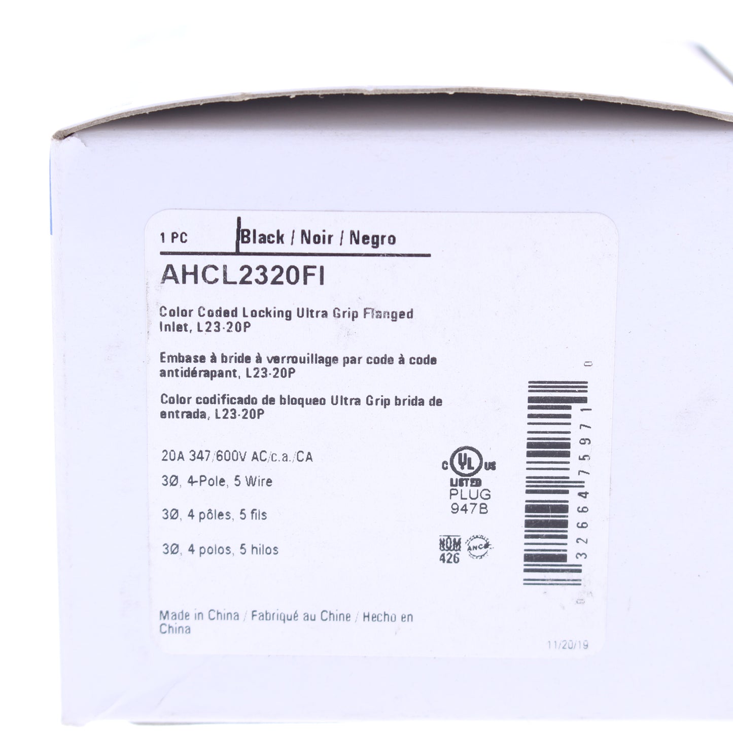 Eaton Black Twist Turn Locking Flanged Inlet L23-20P 20A 347/600V 3�Y AHCL2320FI