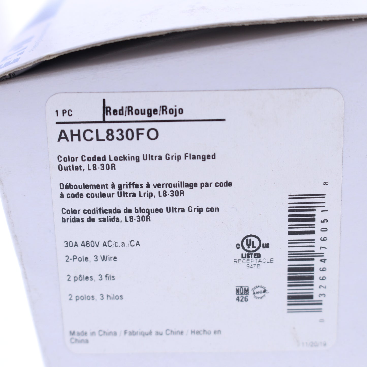 Eaton Red Twist Turn Locking Flanged Outlet Nema L8-30R 30A 480V AHCL830FO