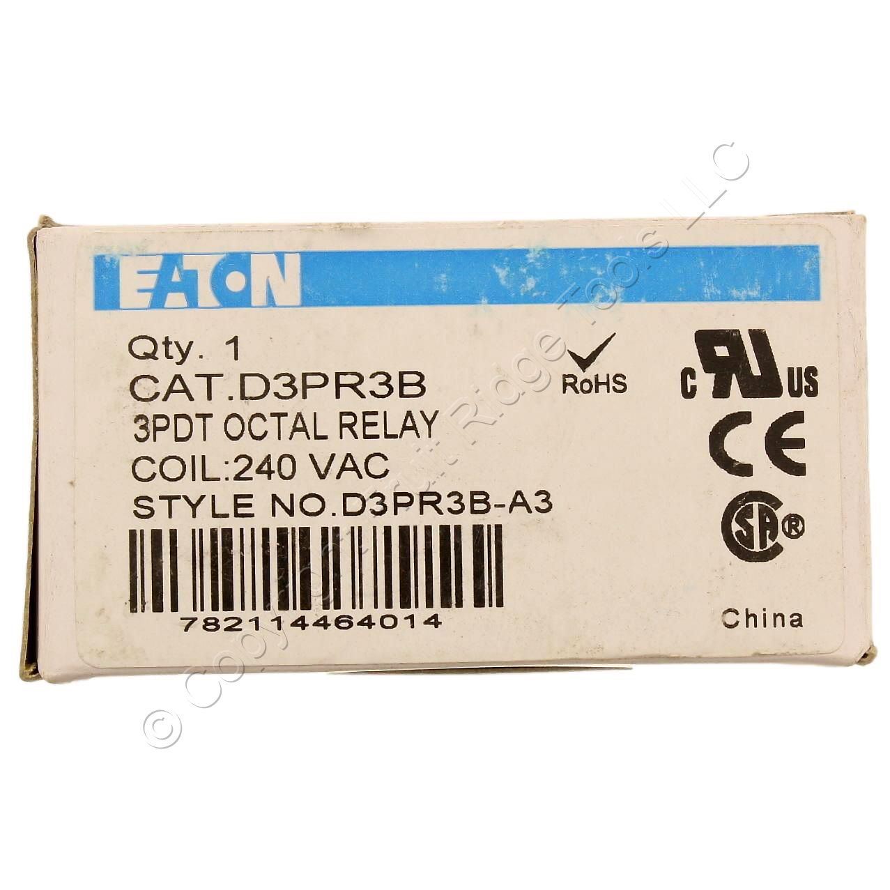 Eaton D3 Plug-In Octal Relay 3PDT 240VAC Coil 7200 Ohm D3PR3B-A3