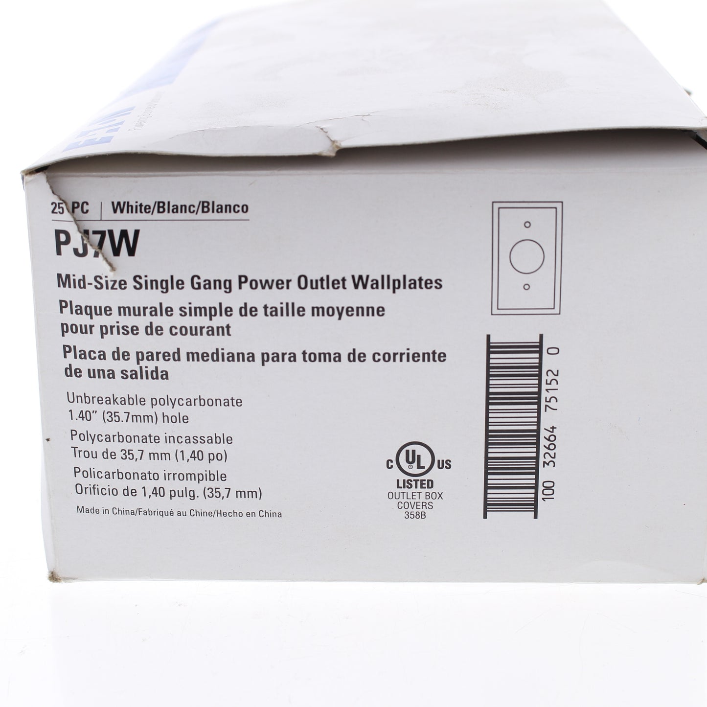 Eaton PJ7W White 1-Gang 1.406" Outlet Unbreakable Mid-Size Wallplate Cover 25pc