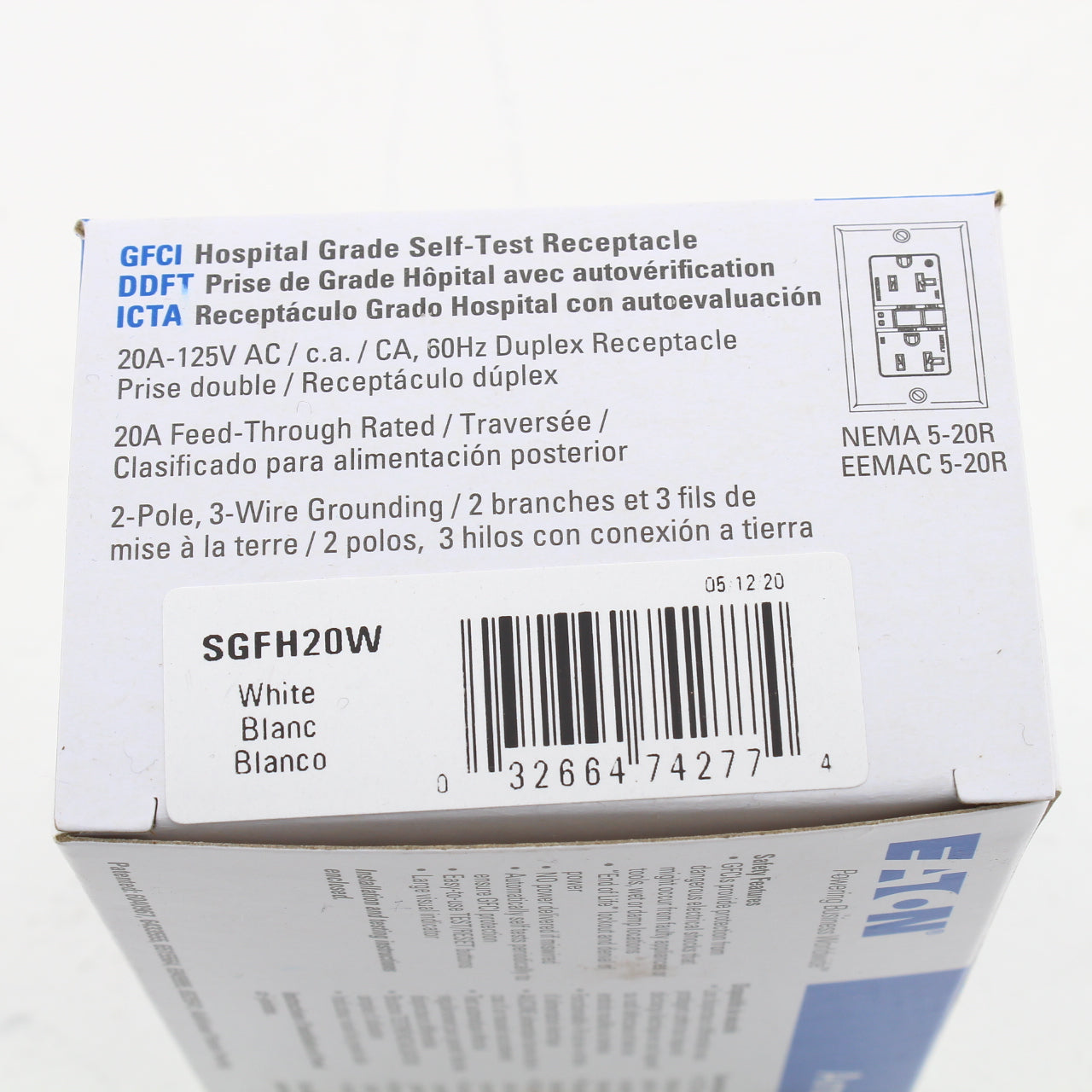 Eaton SGFH20W White GFCI Hospital Grade Self-Testing Outlet Duplex Receptacle