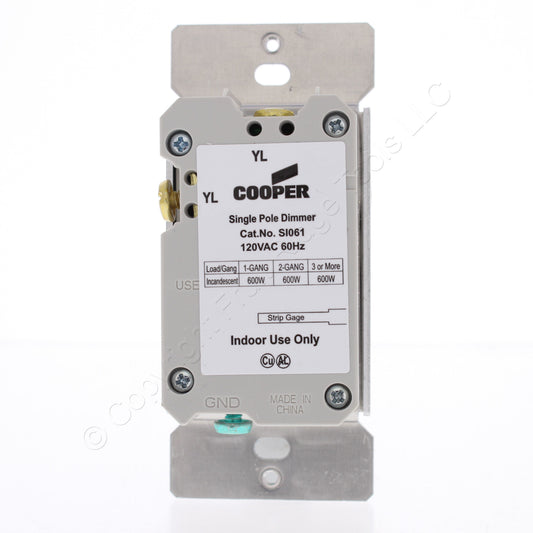 Eaton SI061-W White Incandescent Slide Light Dimmer Switch Single Pole NonPreset