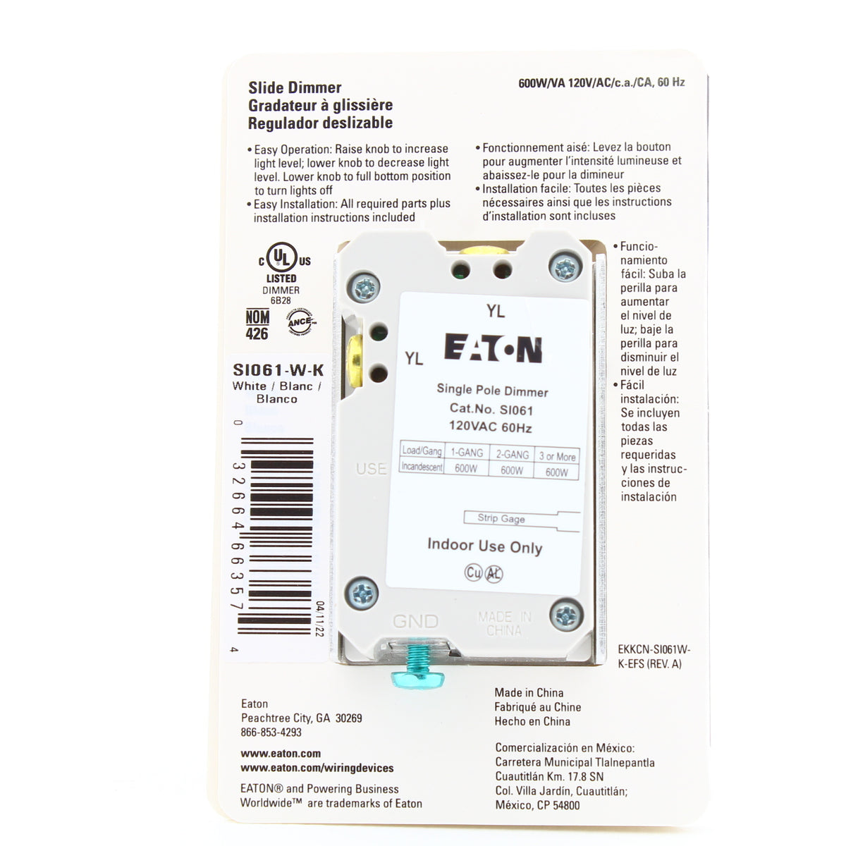 Eaton SI061-W-K-L White Single Pole Incandescent Slide Dimmer Switch NonPreset