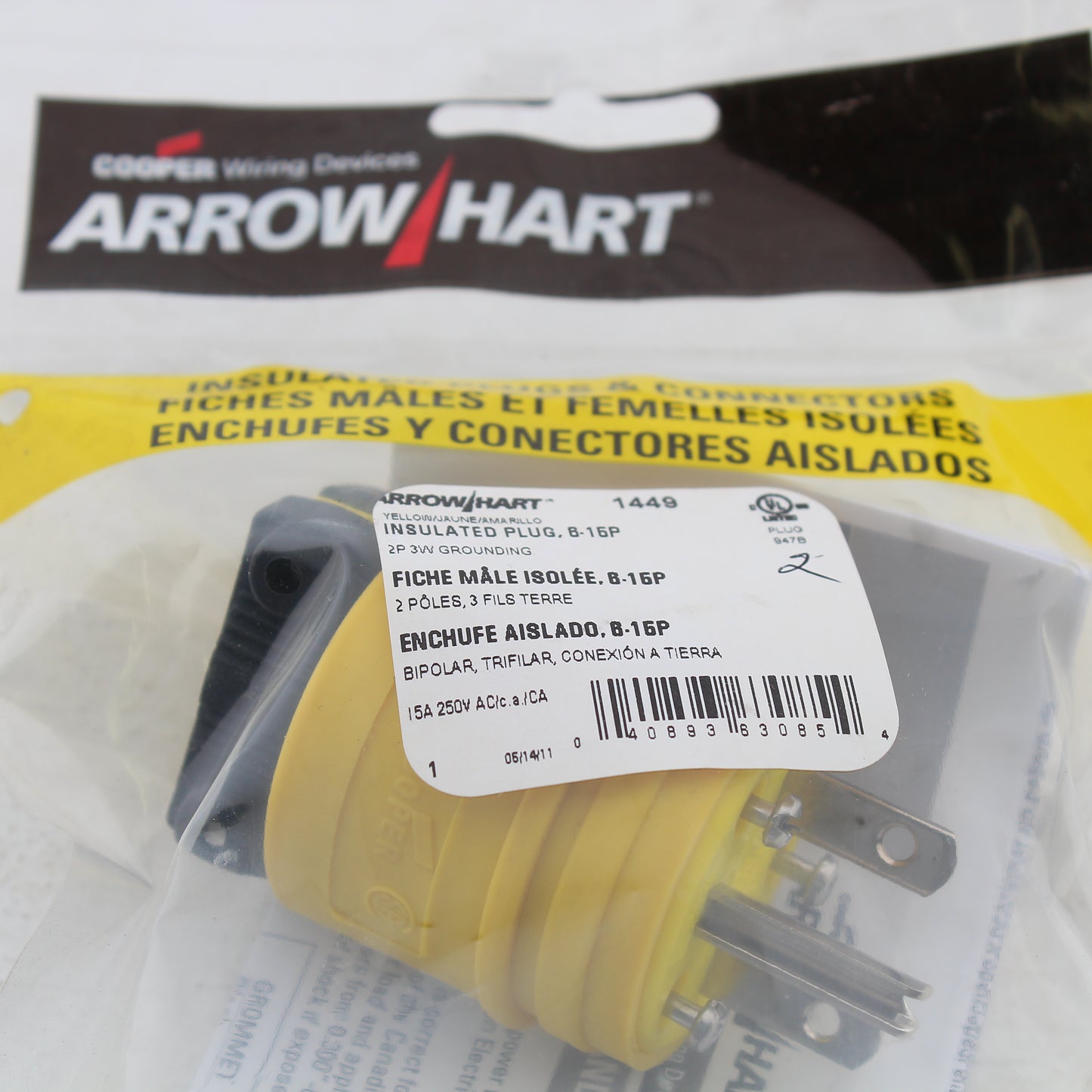 Eaton Yellow Corrosion Resistant Straight Blade Plug Nema 6-15P 15A 250V WD1449