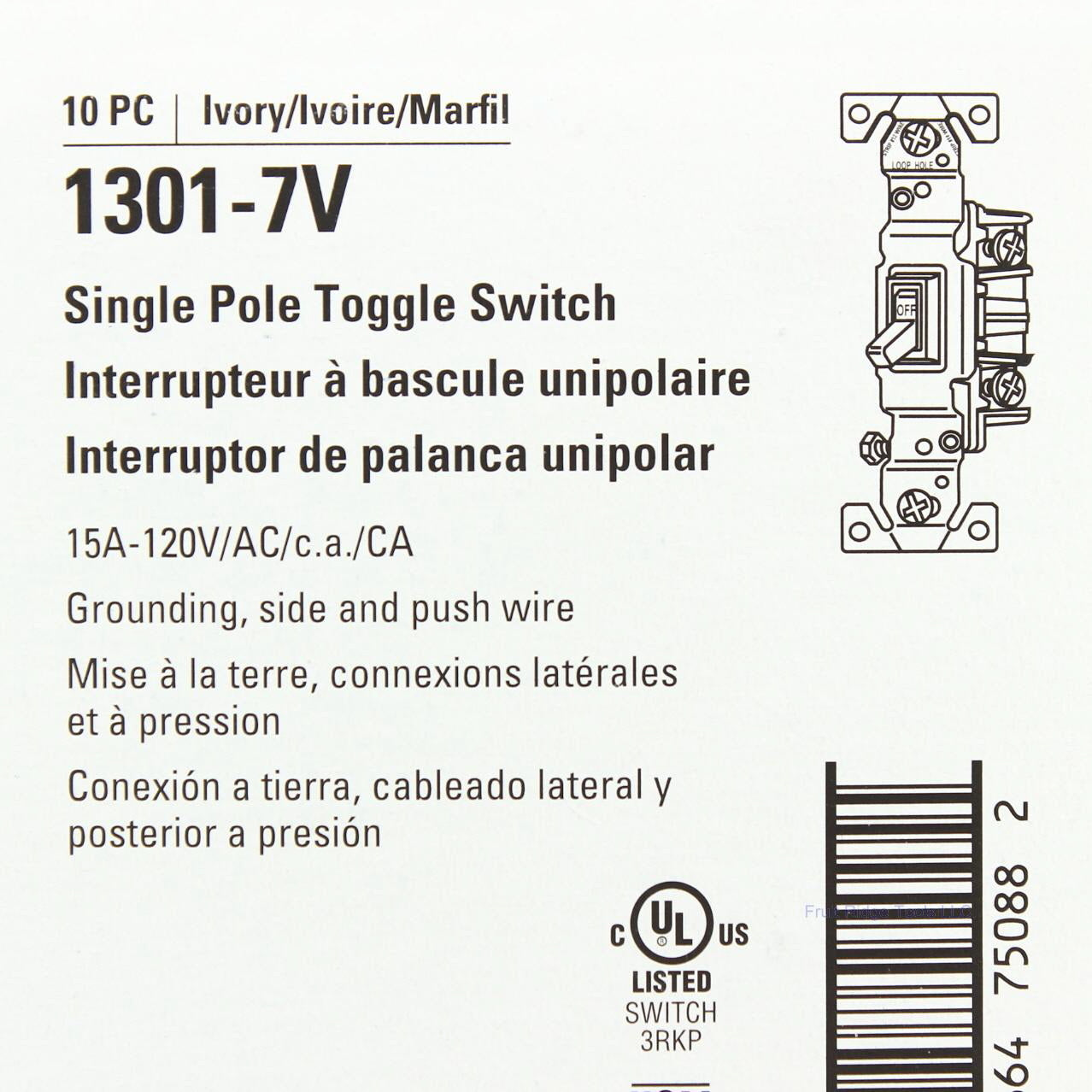 Eaton 1301-7V Ivory Quiet Toggle Wall Light Switches Single Pole 15A 120V 10pcs