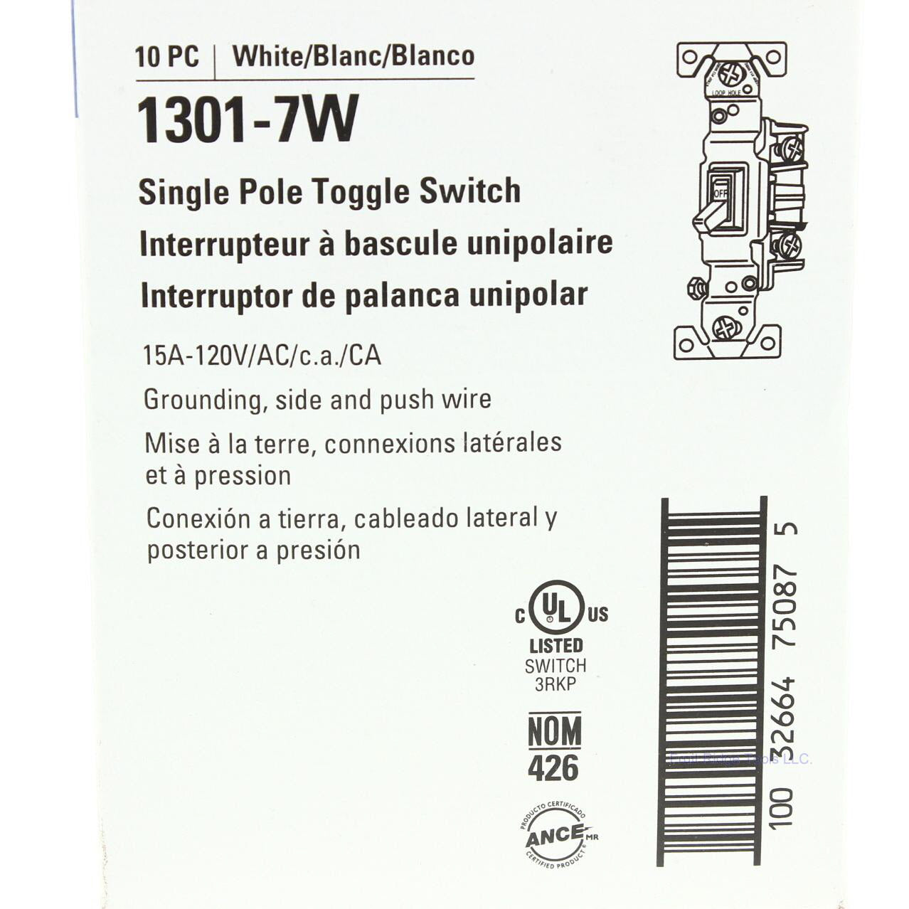 10 Eaton White Quiet Toggle Wall Light Switches Single Pole 15A 120V 1301-7W