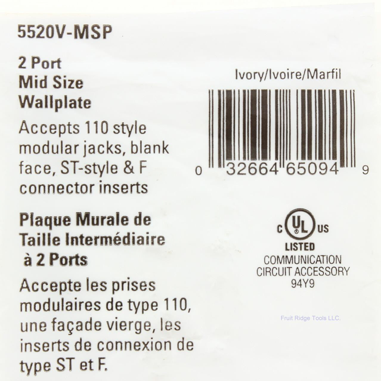 Eaton 5520V-MSP Ivory 1-Gang 2-Port Unbreakable Nylon Mid-Size Wallplate Cover