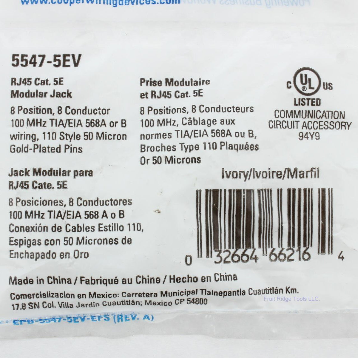 Eaton Ivory Cat5e Snap-In Modular Data Jack 110 Style 8-Position RJ45 5547-5EV