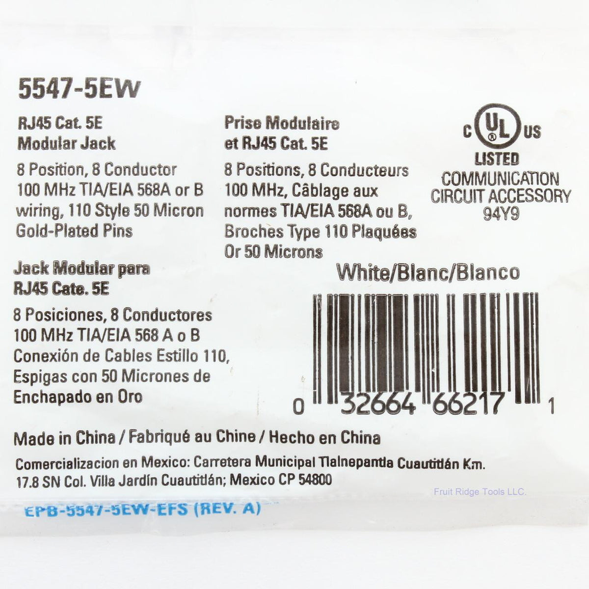 Eaton 5547-5EW White Cat5e Snap-In Modular Data Jack 110 Style 8-Position RJ45