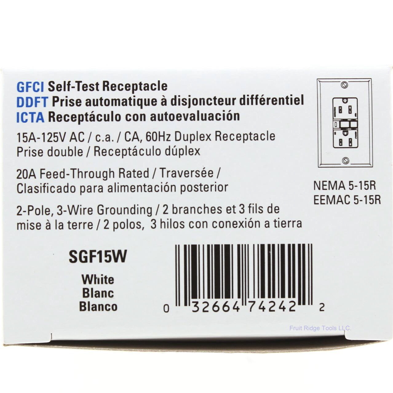 Eaton SGF15W White 15A GFCI Self-Testing Outlet Duplex Receptacle 125V 5-15R