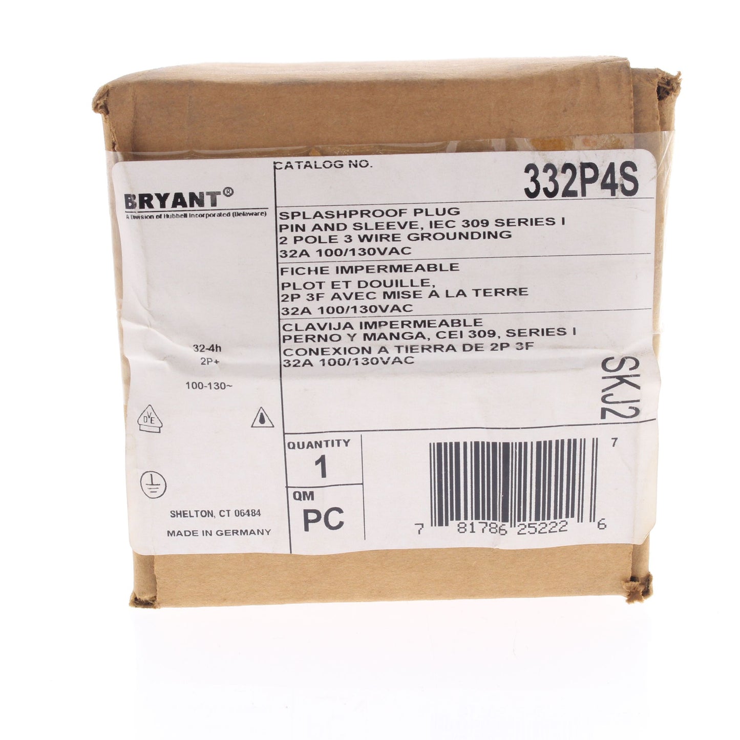 Hubbell 332P4S Splashproof 32A Male IEC 309 Pin & Sleeve Plug 100-130V 2P3W
