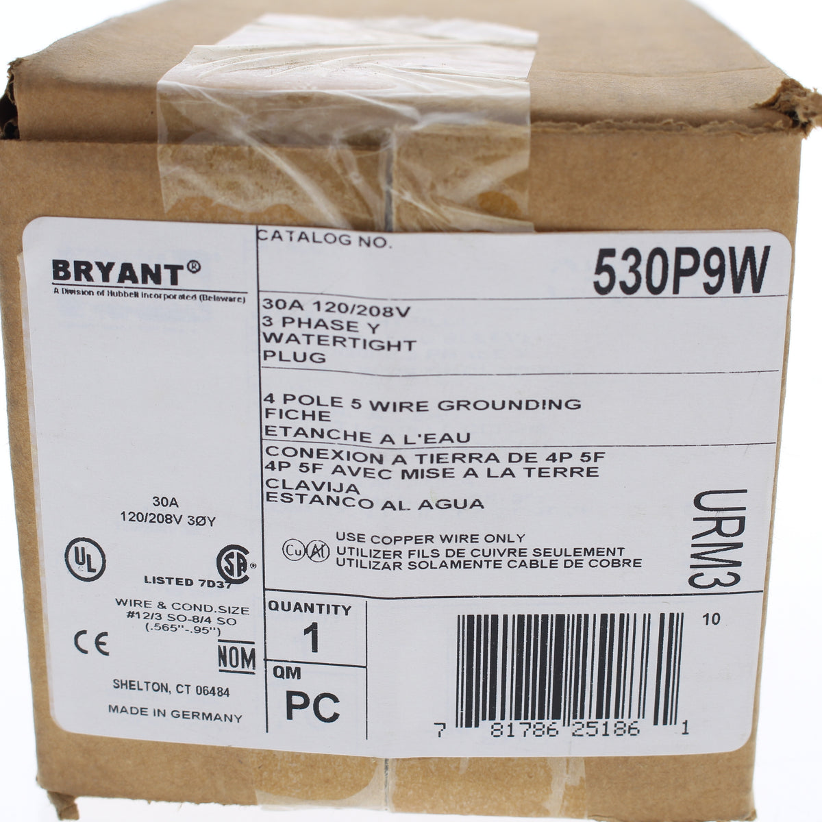 Bryant Blue Watertight IEC Pin & Sleeve Male Plug 30A 120/208V 3ØY 4P5W 530P9W