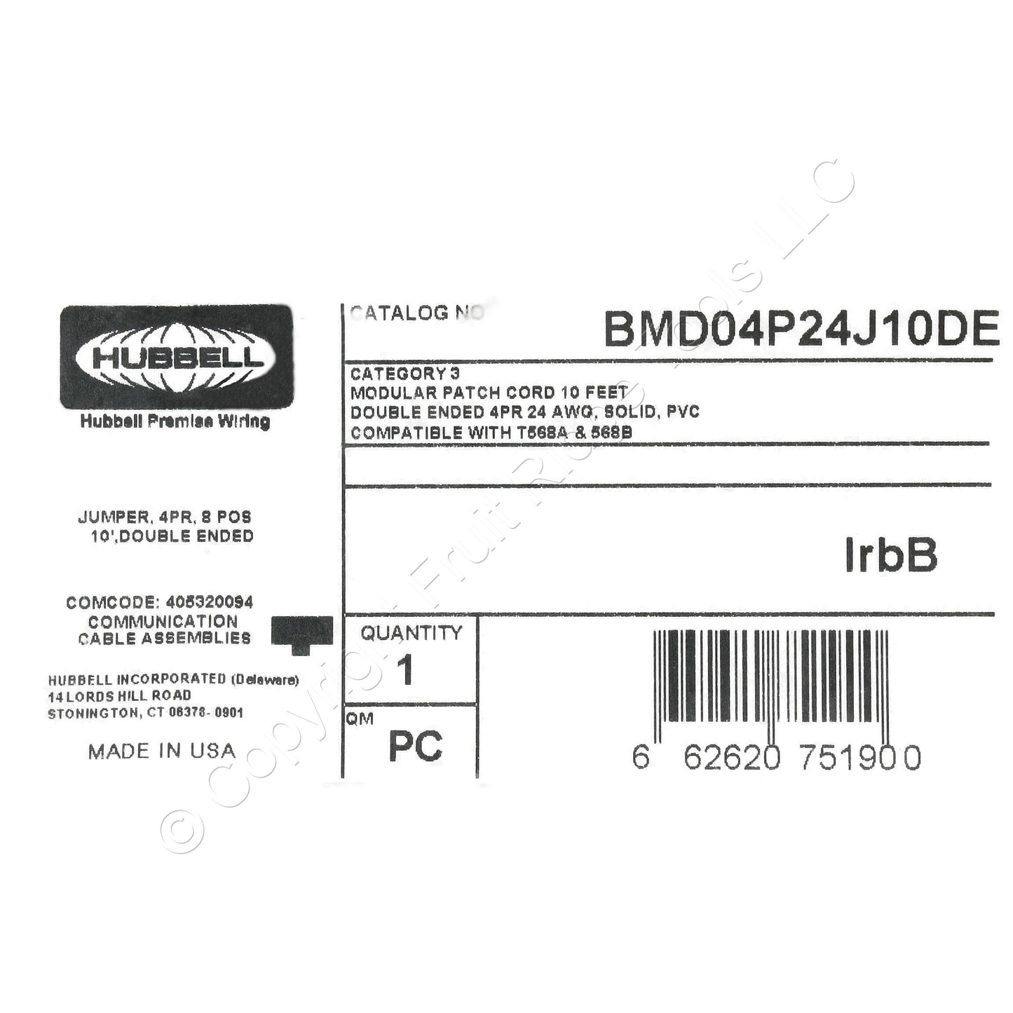 Hubbell Double End Phone Jumper Cord 4 Pair 8 Position 10Ft RJ45 BMD04P24J10DE
