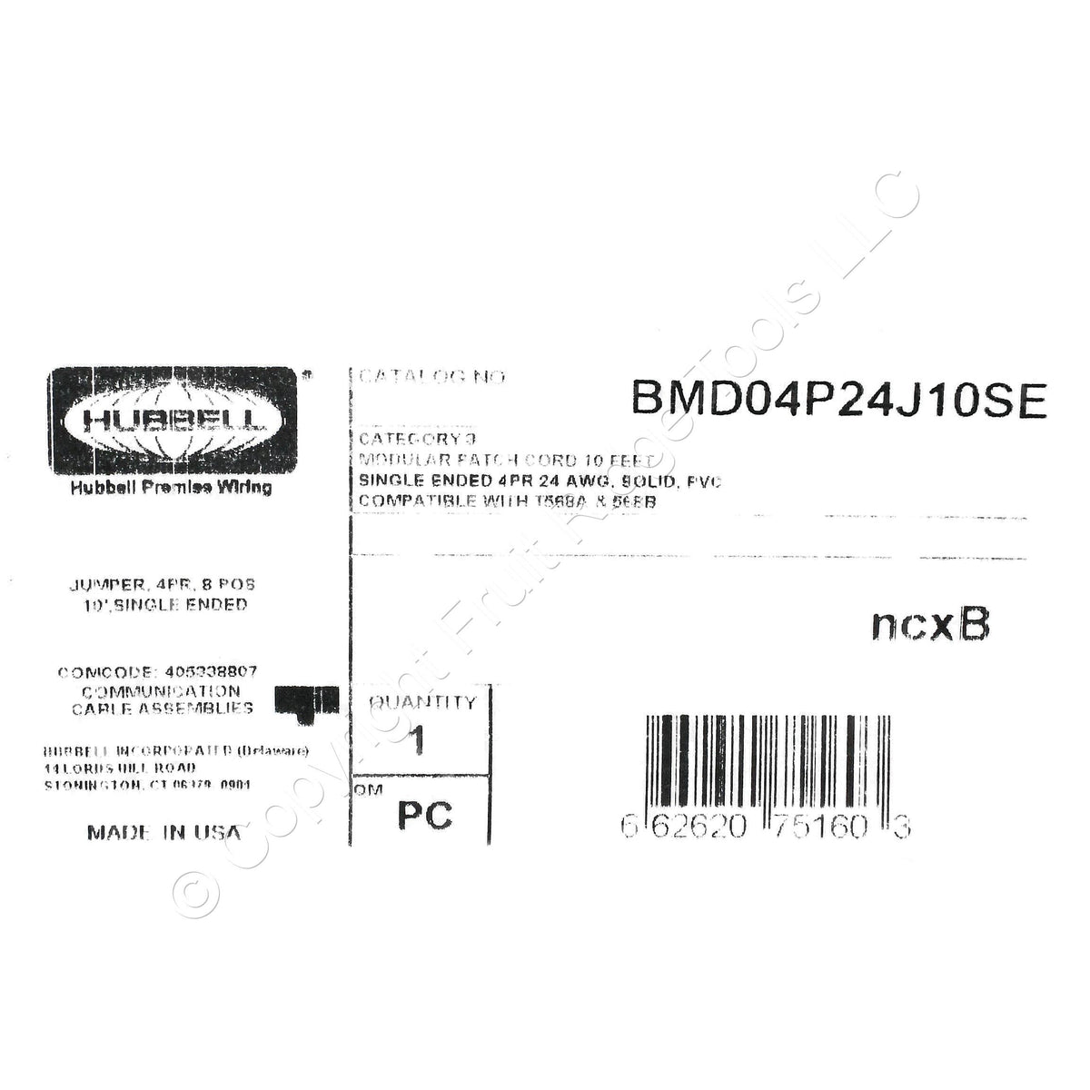 Hubbell Single End Phone Jumper Cord 4 Pair 8 Position 10Ft RJ45 BMD04P24J10SE
