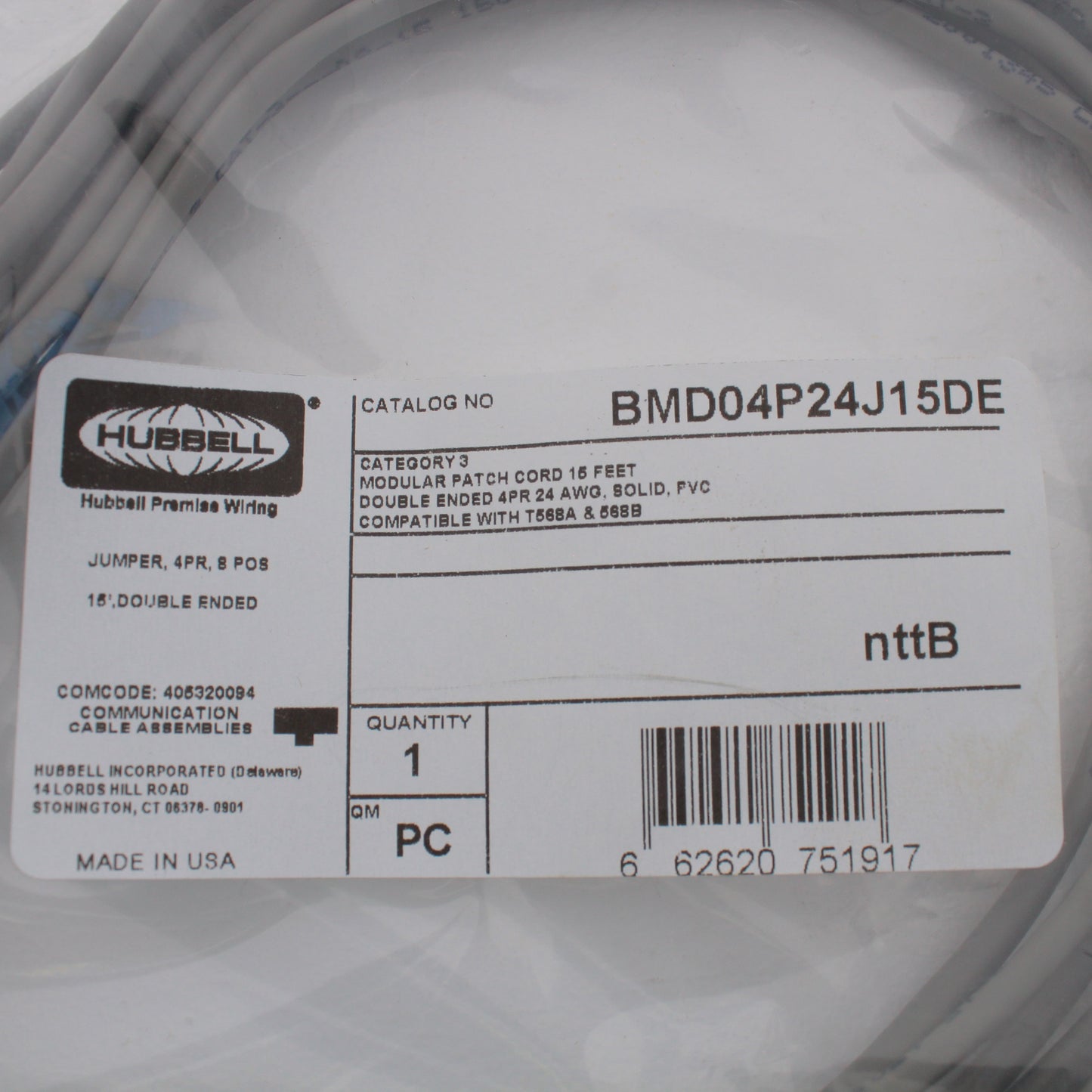 Hubbell Double End Phone Jumper Cord 4 Pair 8 Position 15Ft RJ45 BMD04P24J15DE