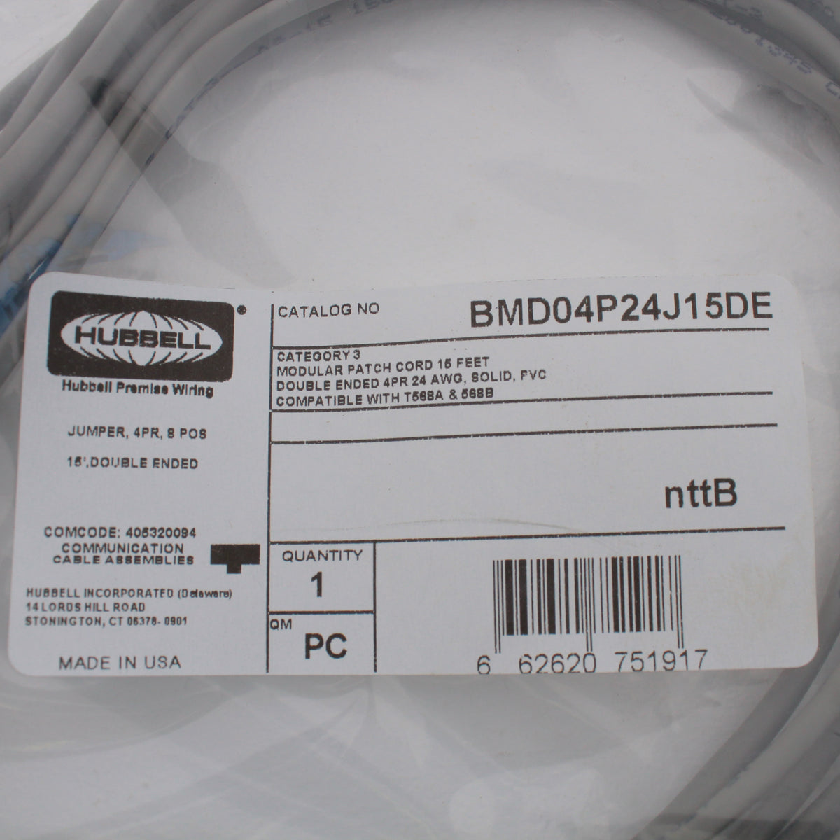Hubbell Double End Phone Jumper Cord 4 Pair 8 Position 15Ft RJ45 BMD04P24J15DE