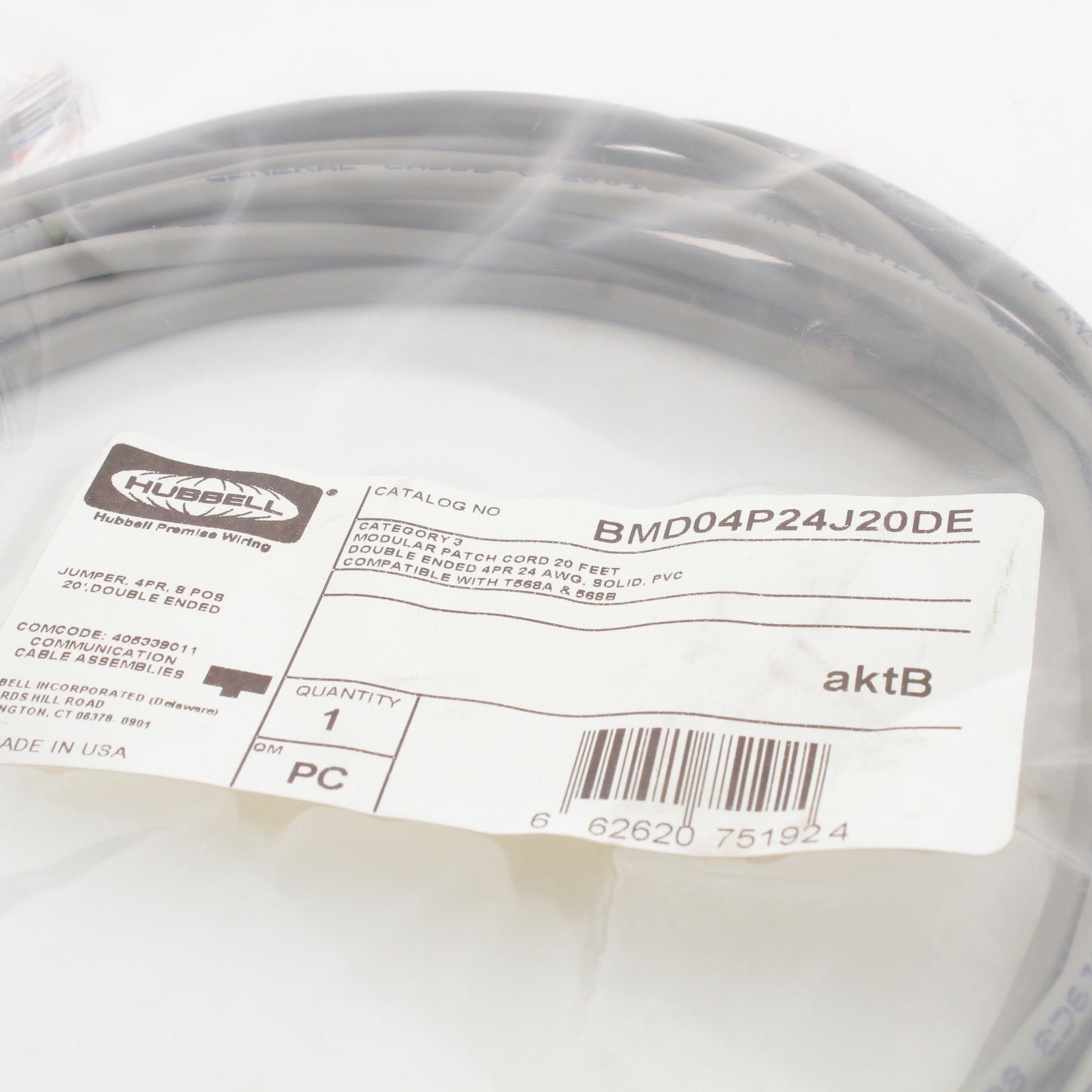 Hubbell Double End Phone Jumper Cord 4 Pair 8 Position 20Ft RJ45 BMD04P24J20DE