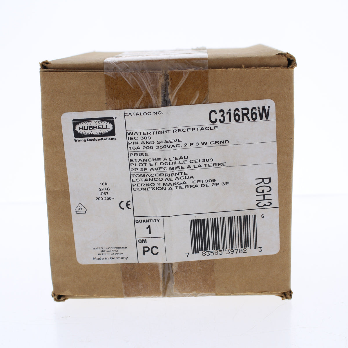 Hubbell C316R6W Watertight IEC Pin & Sleeve Receptacle Outlet 16A 200-250V 2P3W