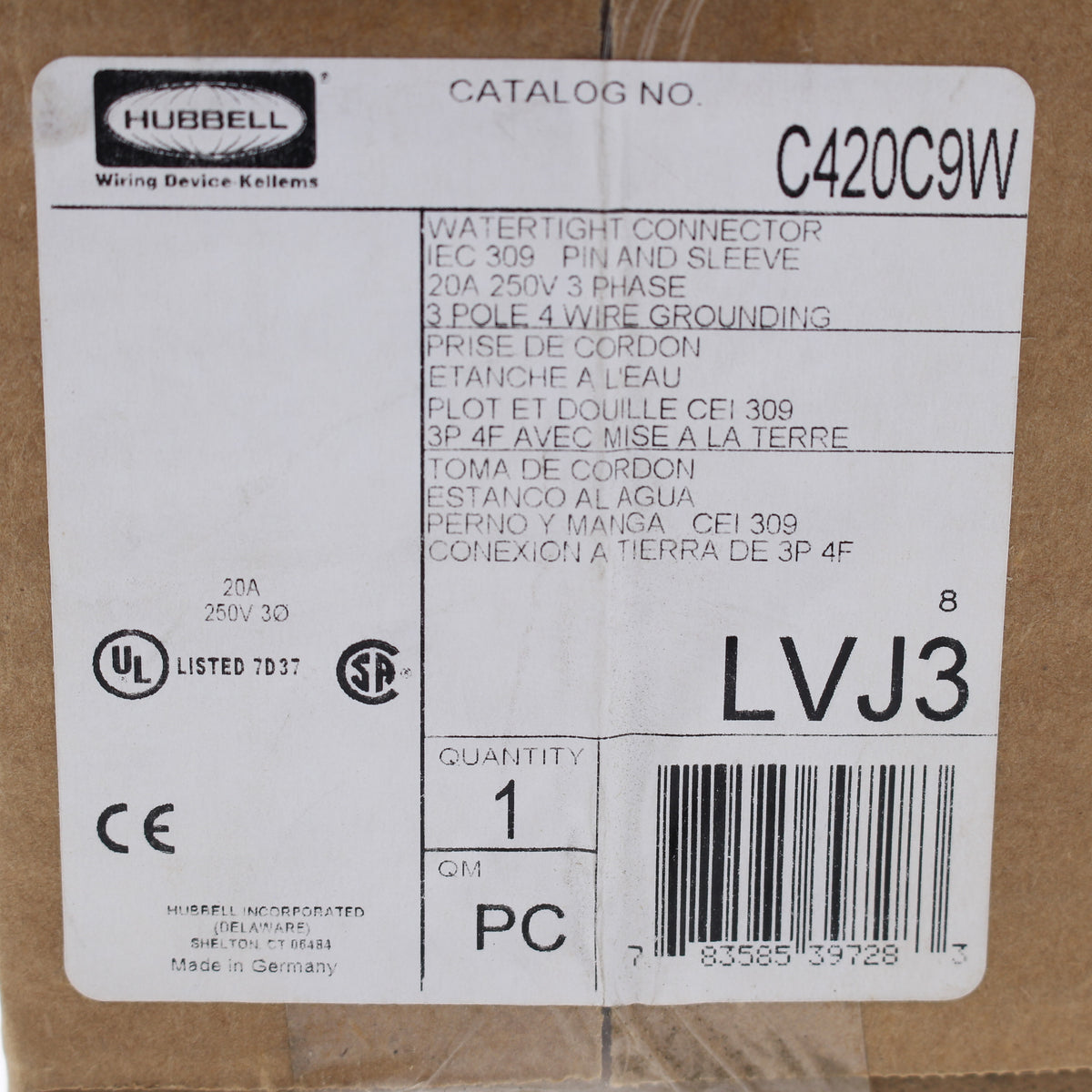 Hubbell C420C9W Watertight Pin & Sleeve Connector Female Plug 20A 250V 3Ø 3P4W