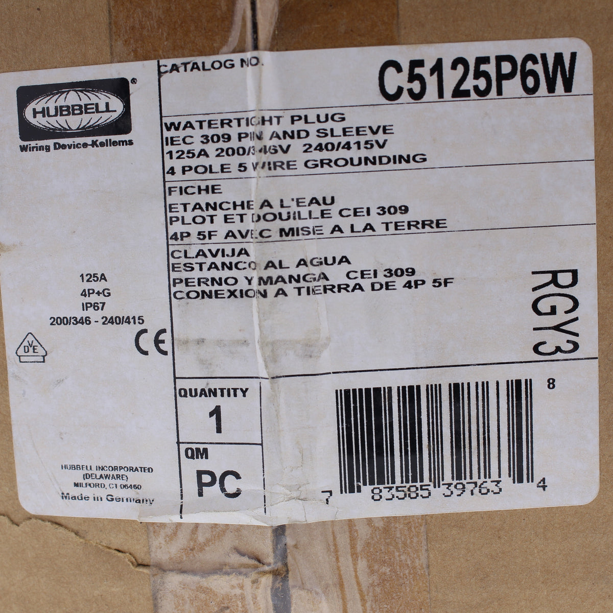 Hubbell Watertight IEC Pin & Sleeve Plug 125A 200/346V 240/415V 4P5W C5125P6W
