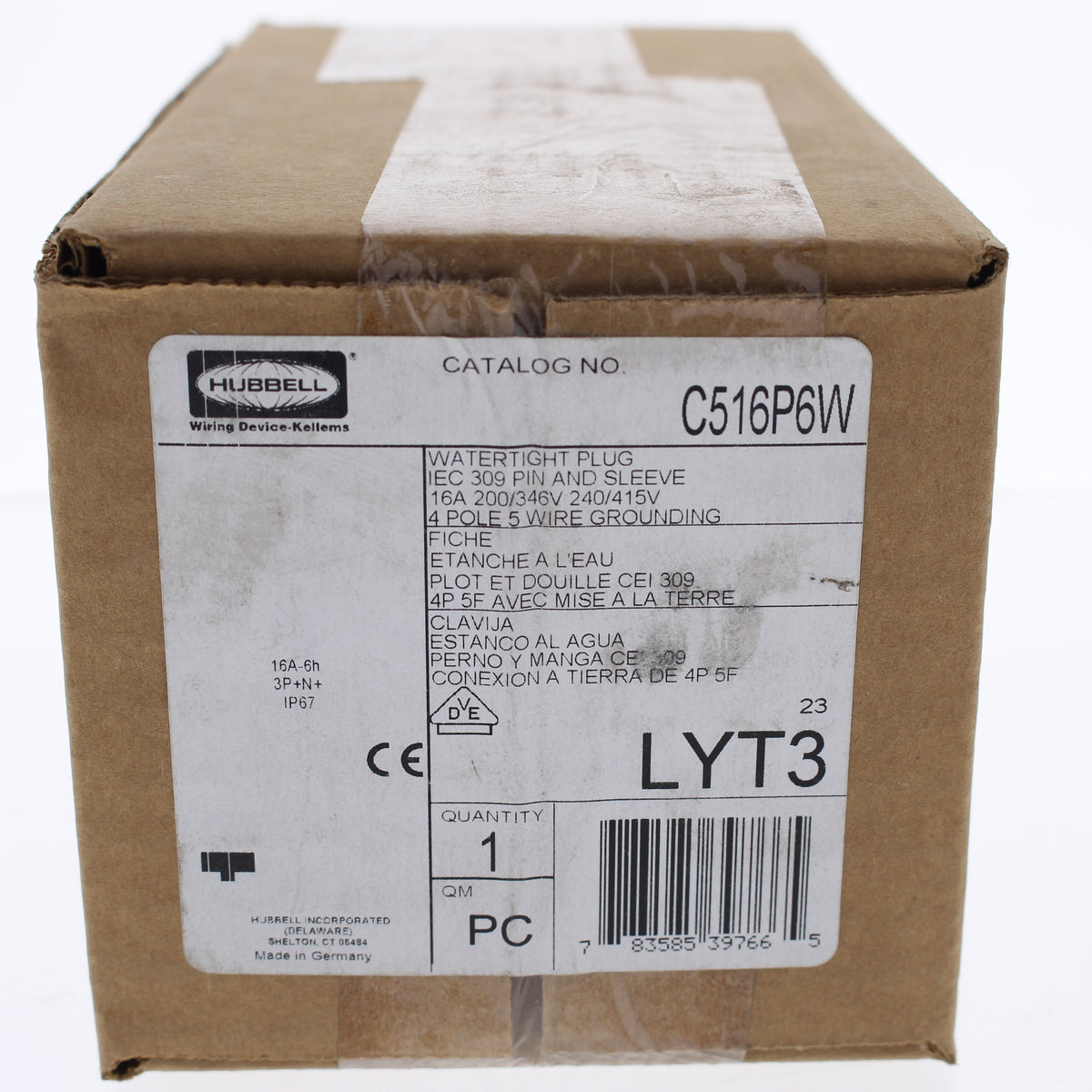 Hubbell C516P6W Red Watertight IEC309 Pin Sleeve Plug 16A 200/346V 240/415V 4P5W