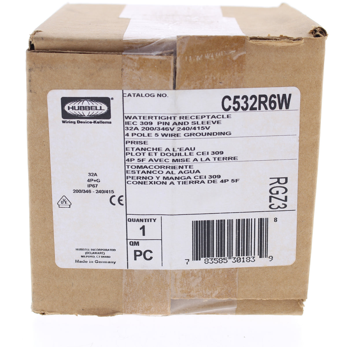 Hubbell C532R6W Watertight Pin & Sleeve Receptacle Outlet 32A 200/346V 240/415V