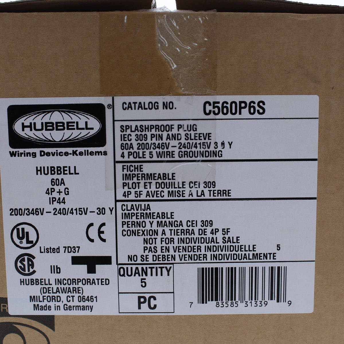 5 Hubbell Red Pin & Sleeve Plugs Splashproof IP44 60A 200-415V 4P5W C560P6S