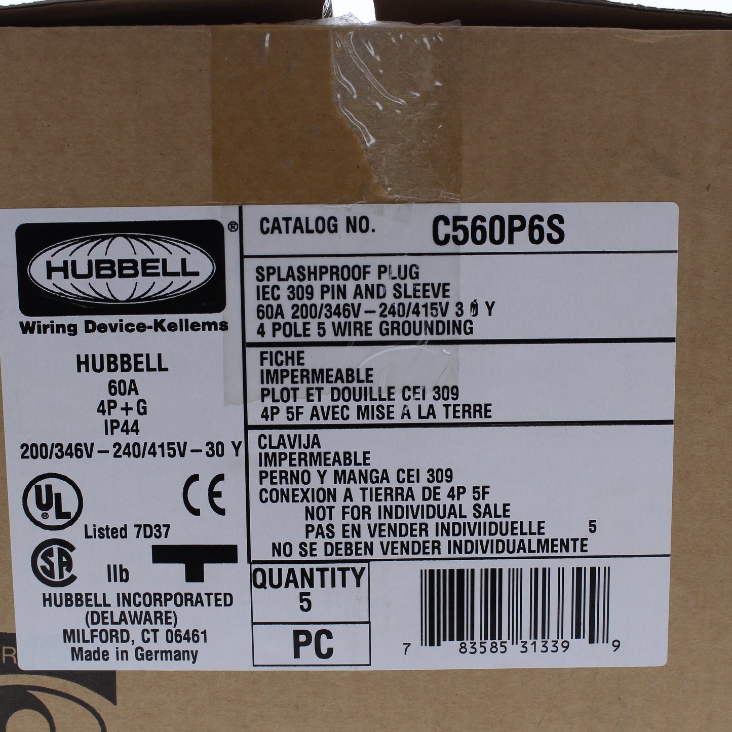 5 Hubbell Red Pin & Sleeve Plugs Splashproof IP44 60A 200-415V 4P5W C560P6S