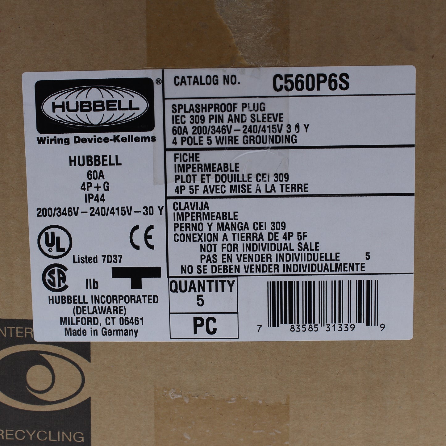 Hubbell Red Pin & Sleeve Plug Splashproof IP44 60A 200-415V 4P5W C560P6S