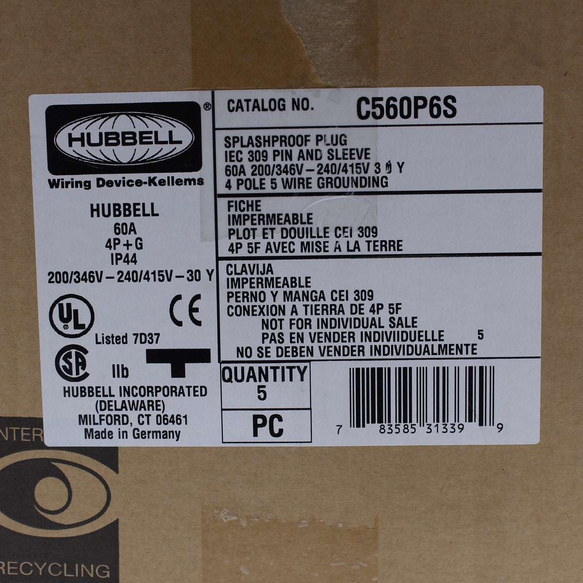 Hubbell Red Pin & Sleeve Plug Splashproof IP44 60A 200-415V 4P5W C560P6S