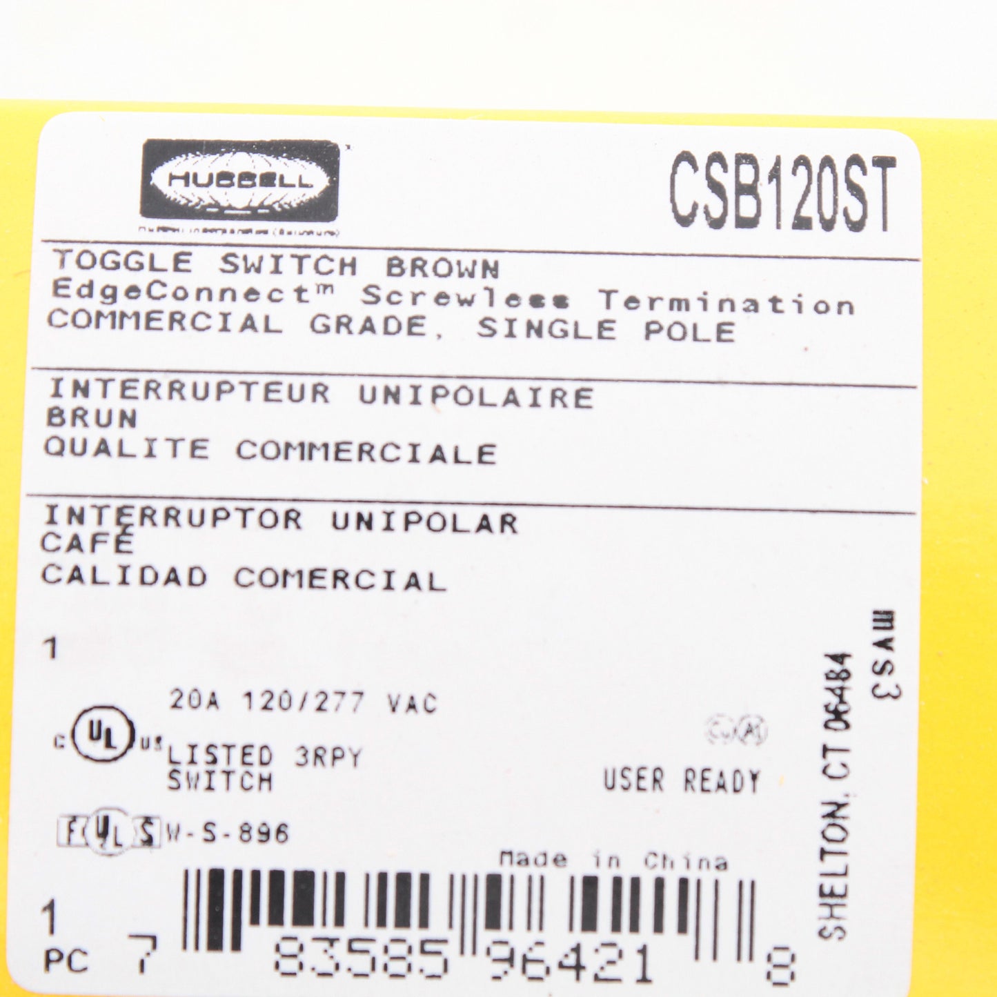 Hubbell CSB120ST Brown 20A Single Pole EdgeConnect� Toggle Light Switch Control