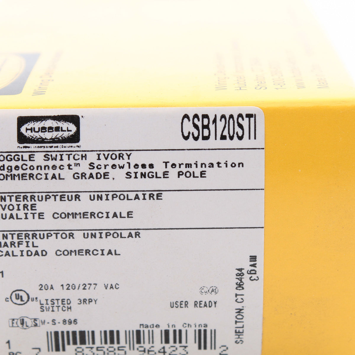 Hubbell CSB120STI Ivory 20A Single Pole EdgeConnect Toggle Light Switch Control