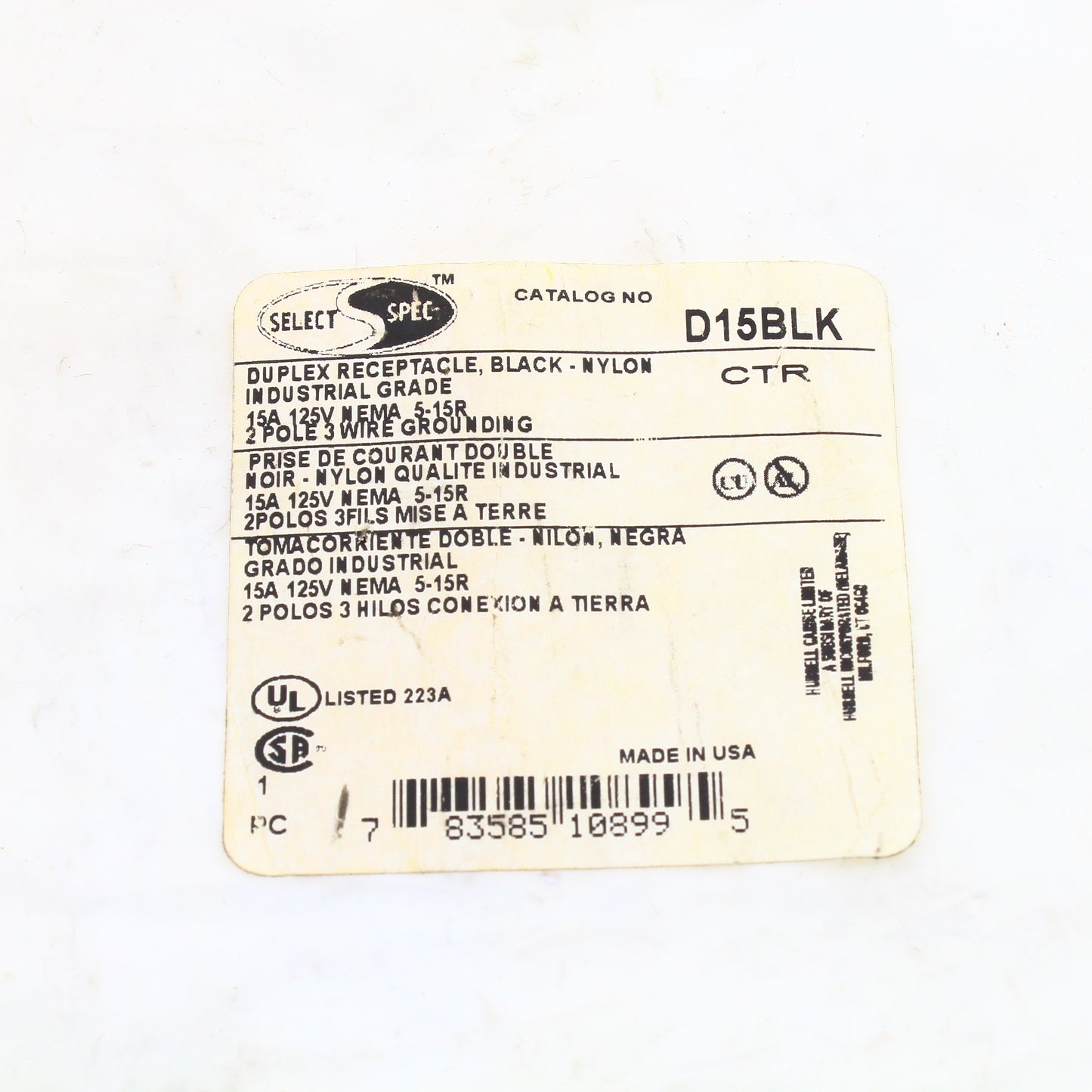 Hubbell Black Industrial Decorator Receptacle Duplex Outlet 15A 125V D15AL