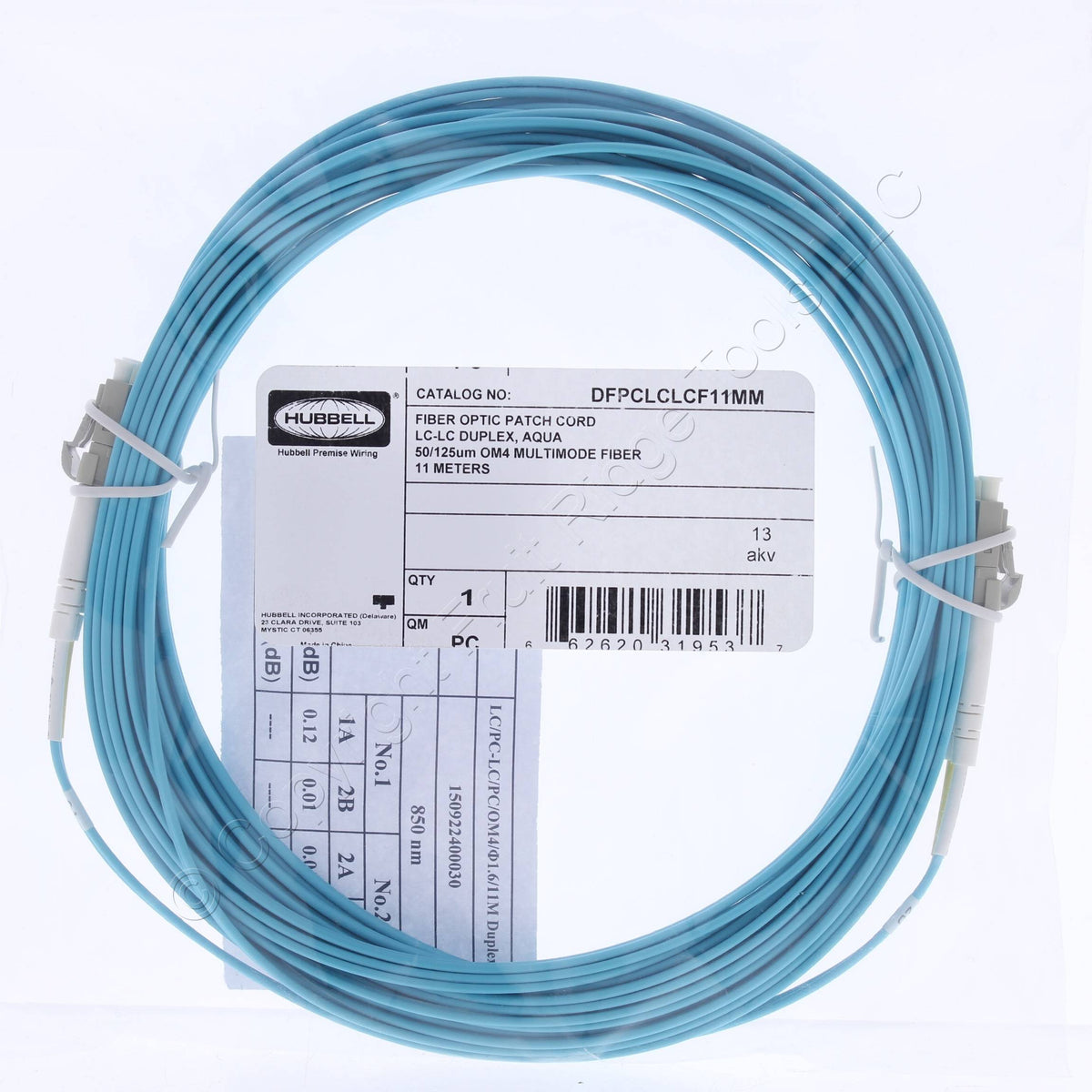 Hubbell Fiber Optic Patch Cord Plenum OM4 Duplex MM LC-LC 11m DFPCLCLCF11MM