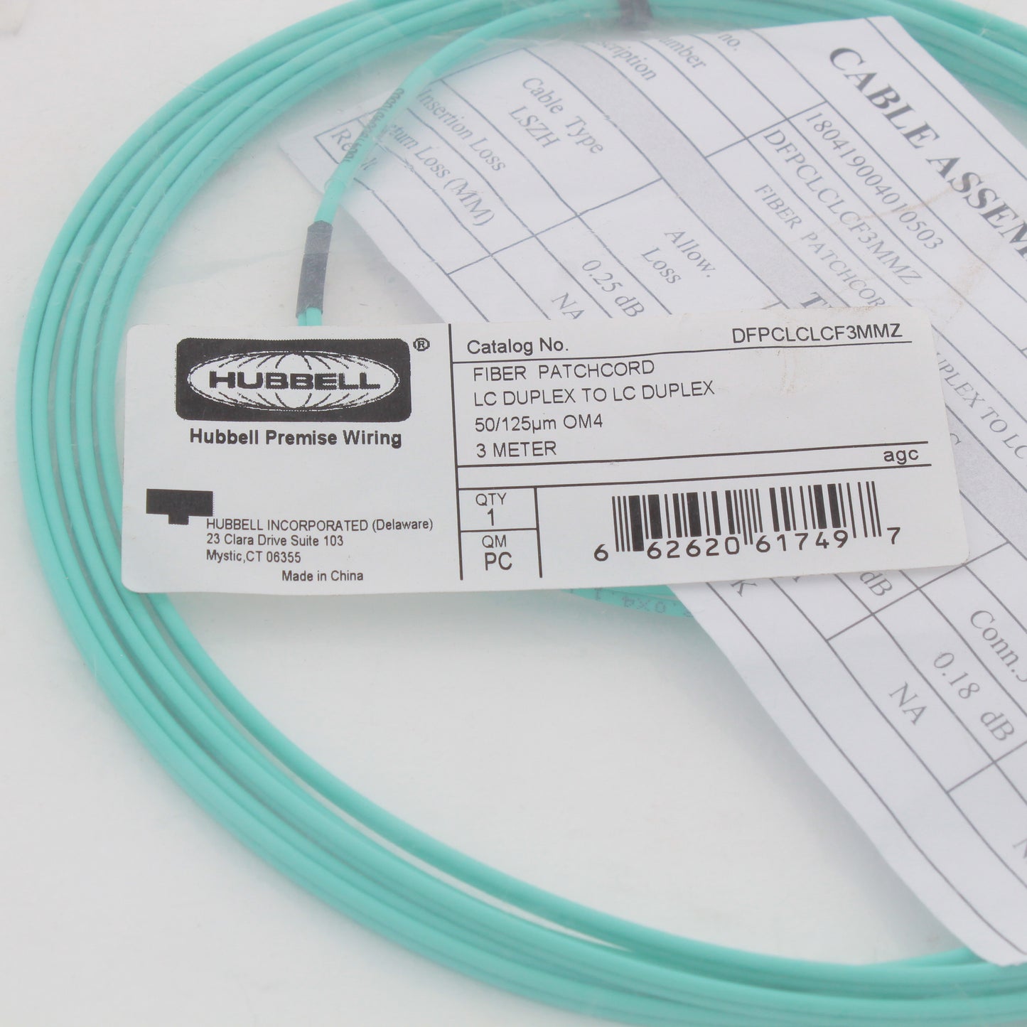 Hubbell Fiber Optic Patch Cord Cable LSZH OM4 Duplex MM LC-LC 3m DFPCLCLCF3MMZ