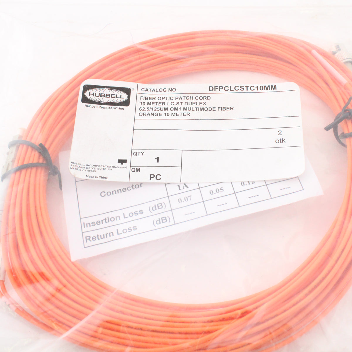 Hubbell Fiber Optic Patch Cord Plenum OM1 Cable Duplex MM LC-ST 10m