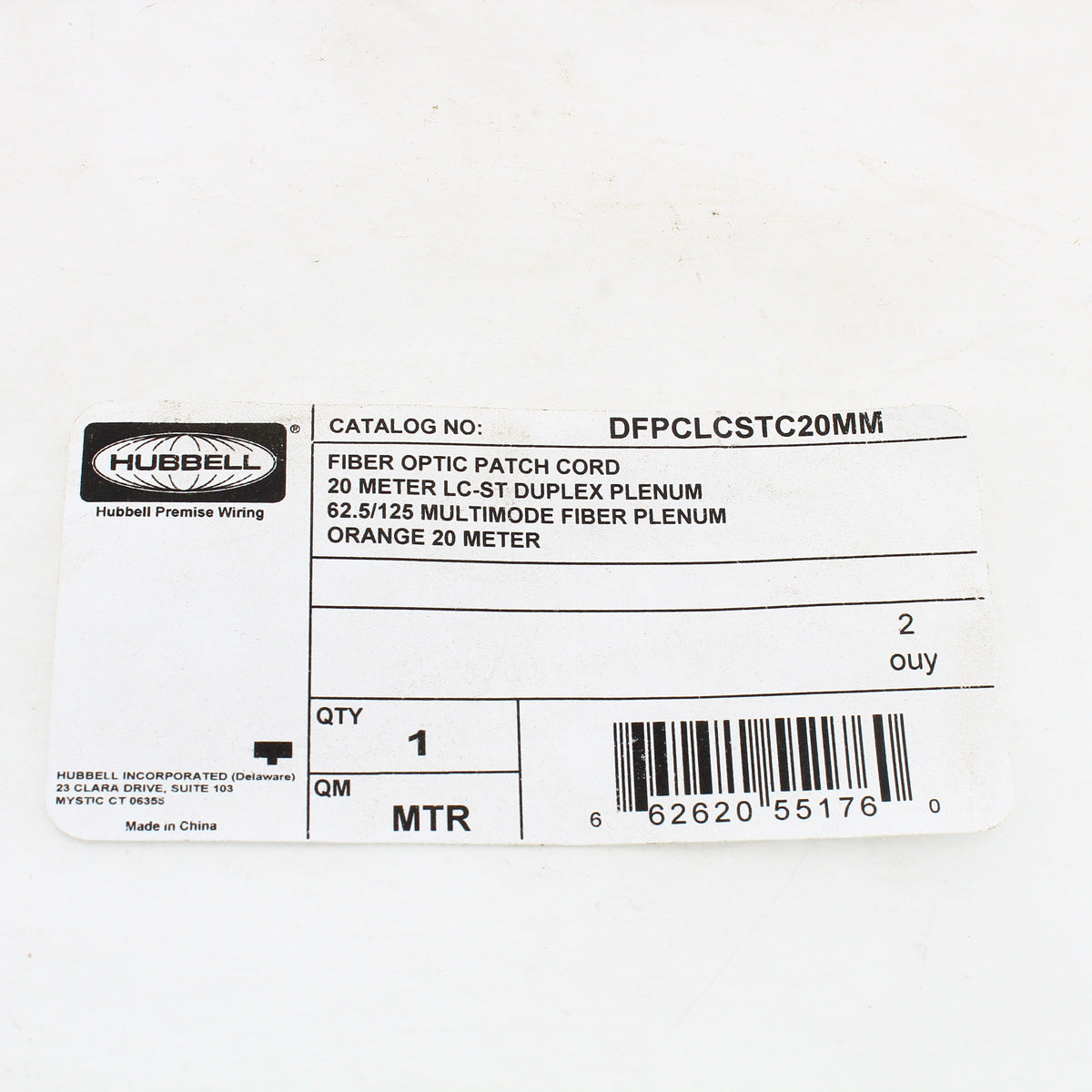 Hubbell Fiber Optic Patch Cord Plenum OM1 Cable Duplex MM LC-ST 20m
