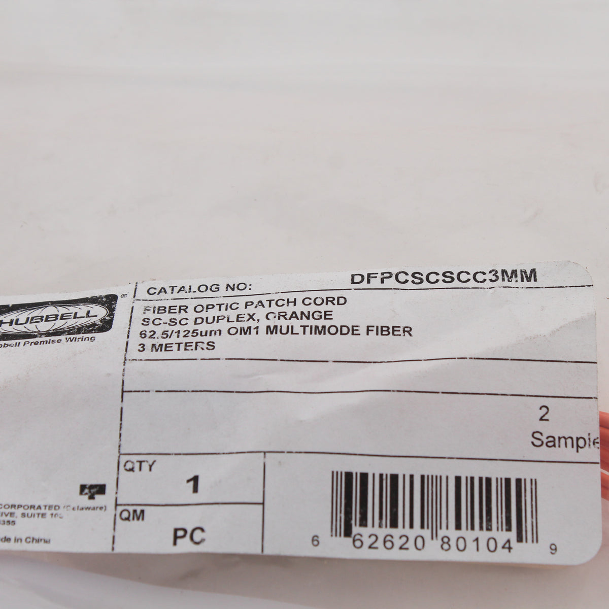 Hubbell Fiber Optic Patch Cord Plenum OM1 Cable Duplex MM SC-SC 3m DFPCSCSCC3MM