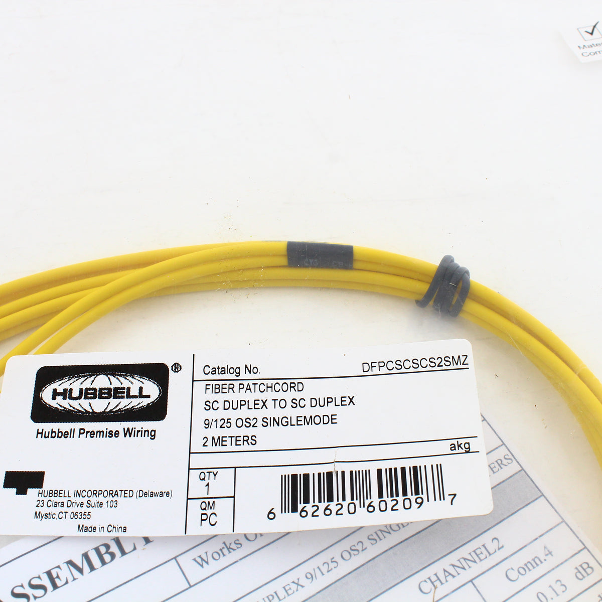 Hubbell DFPCSCSCS2SMZ Fiber Optic 2-Meter SC-SC Patch Cord OS2 Cable Duplex SM