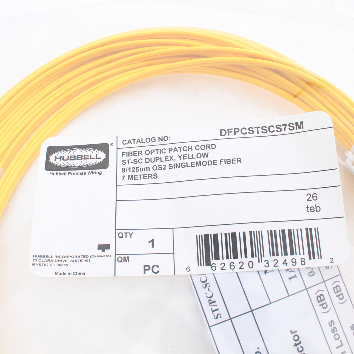 Hubbell Fiber Optic Patch Cord Plenum OS2 Cable Duplex SM ST-SC 7m DFPCSTSCS7SM