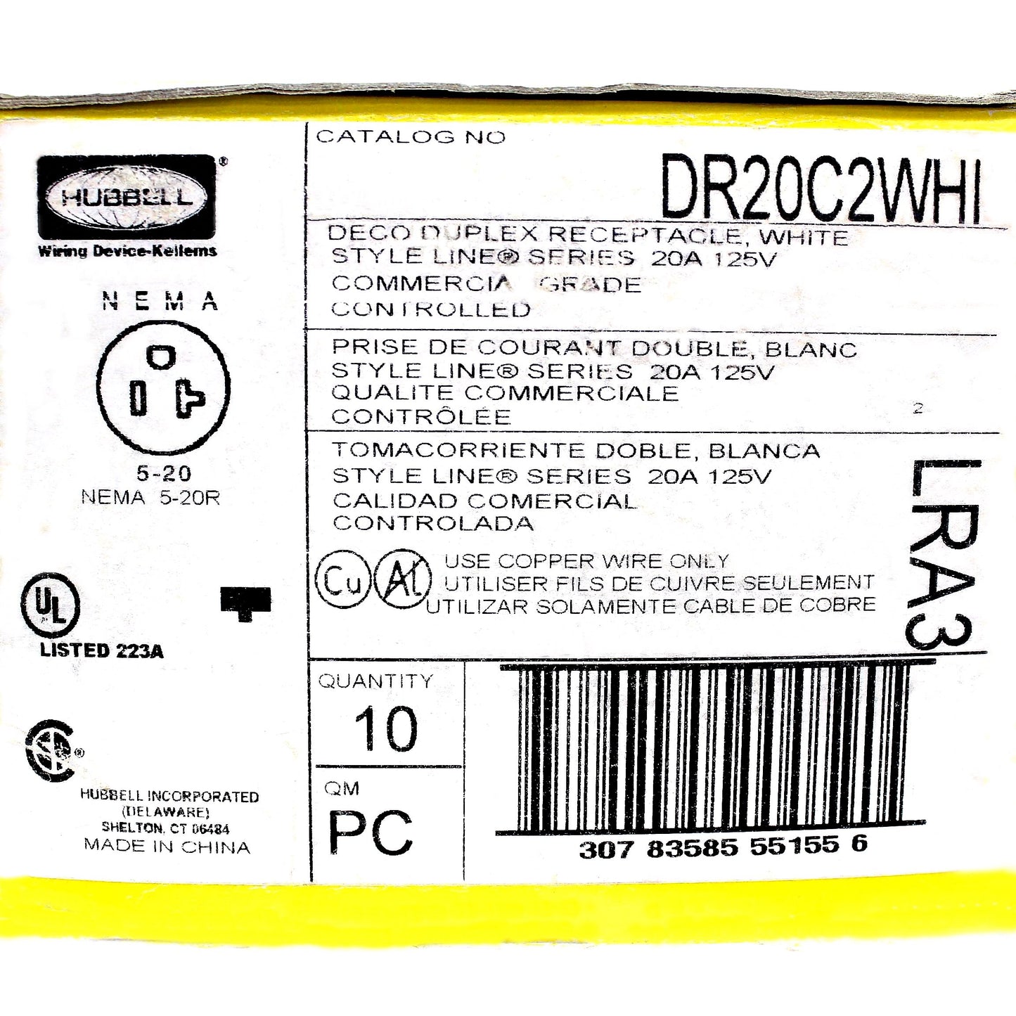 Hubbell DR20C2WHI White 20A Decorator Outlet Receptacle 2/2 Controlled 10pcs