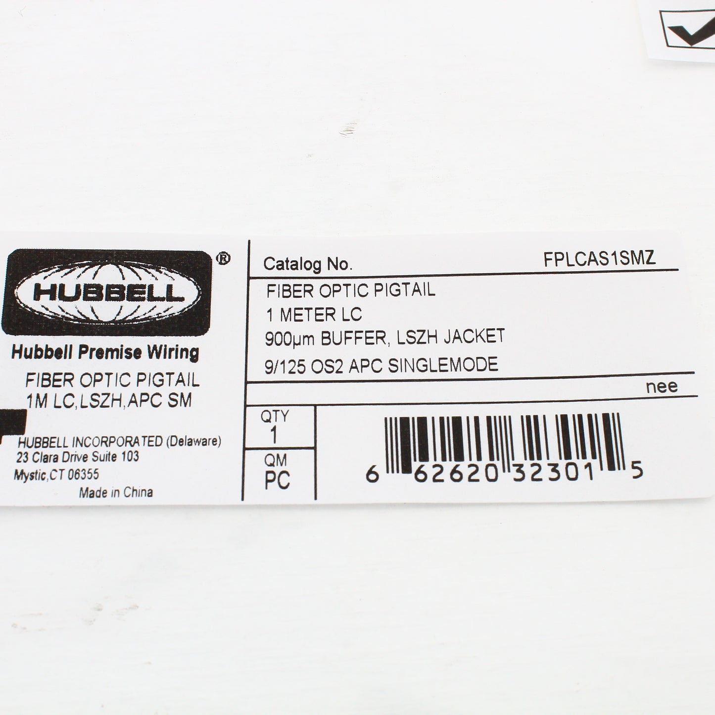 Hubbell Fiber Optic 1-Cable Pigtail LSZH SM LC APC OS2 3m FPLCAS1SMZ