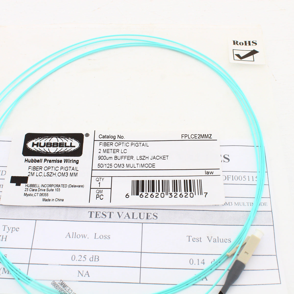 Hubbell Fiber Optic 1-Cable Pigtail LSZH MM LC OM3 2m FPLCE2MMZ