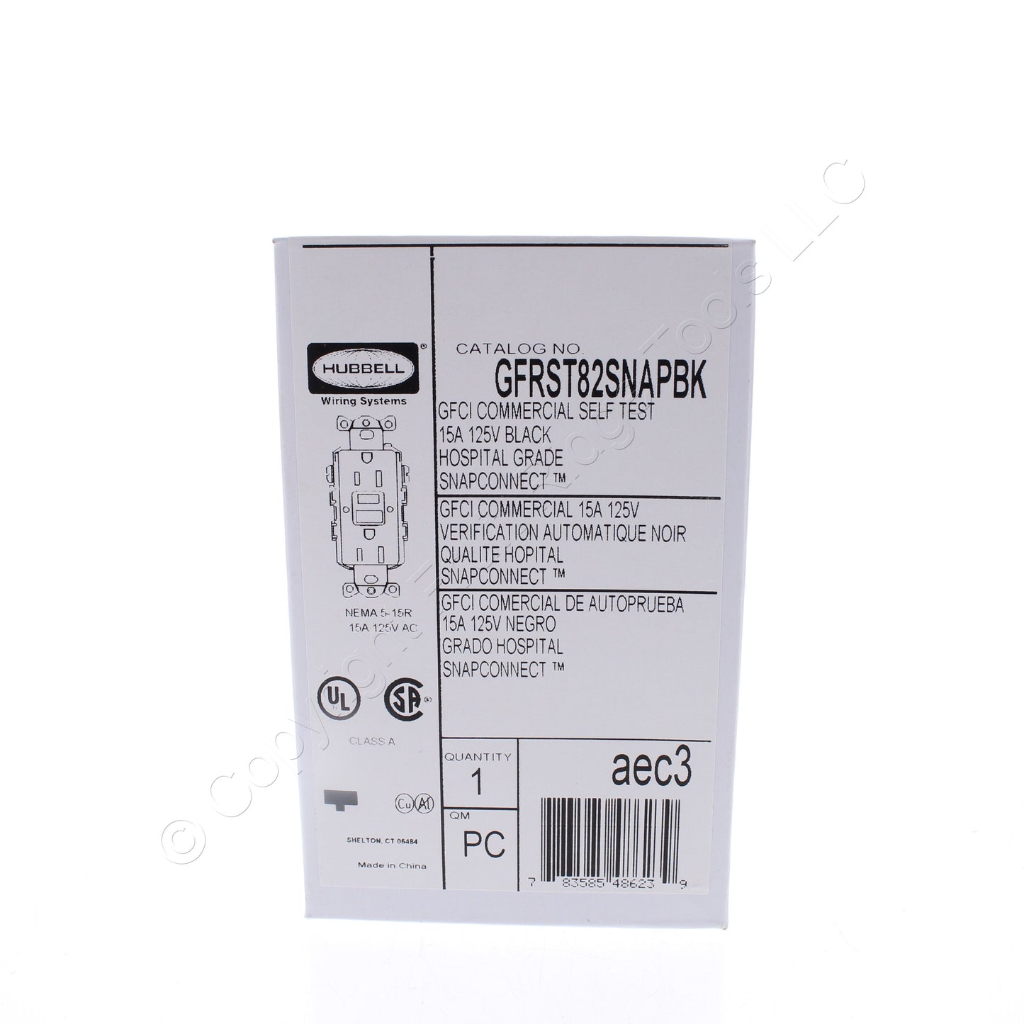 Hubbell 15A SnapConnect Black Self-Test Hospital Gfci Receptacle GFRST82SNAPBK